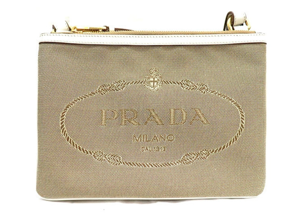 Prada zipper shoulder bag Beige Cream white canvas calfskin